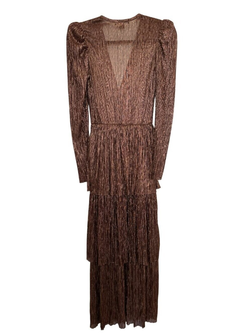 Sabina Musayev Carry Pleated Puff Sleeve Bronze Metallic Midi Tiered Dress - Picture 8 of 8